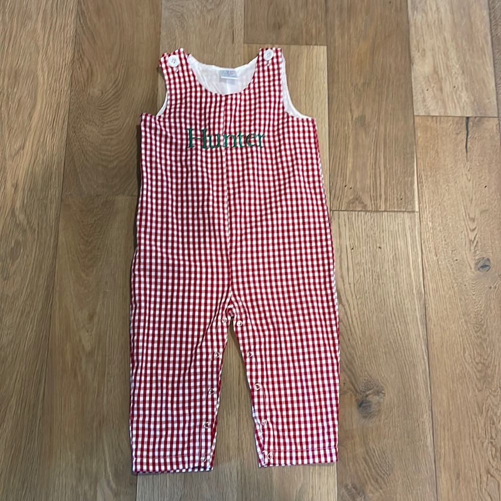 Hunter Embroidered Christmas Gingham Overalls/Jon Jon
